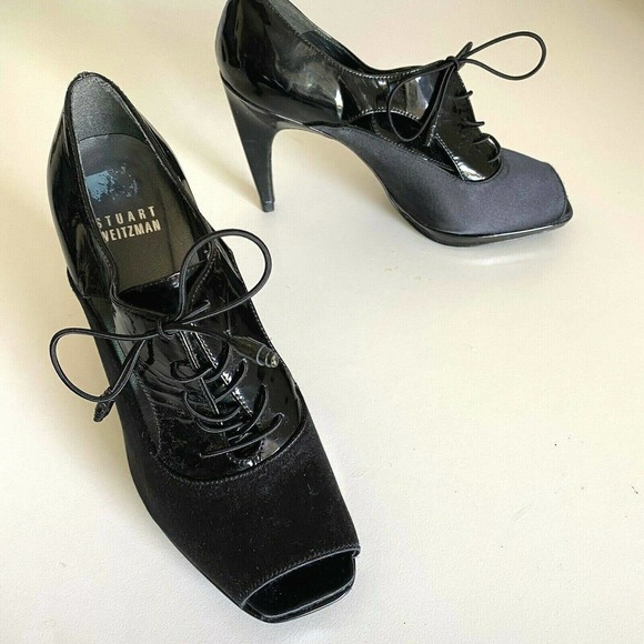 Stuart Weitzman Lace Up Pump Bootie Black Patent Leather Satin Cut Out P… - Picture 7 of 8